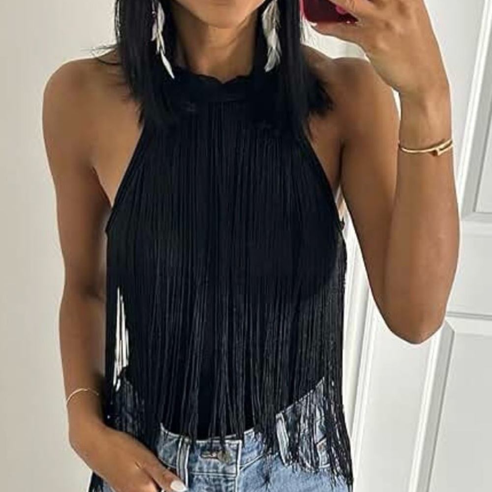Women's Fringe Trim Sleeveless Bodycon Halter Bodysuit